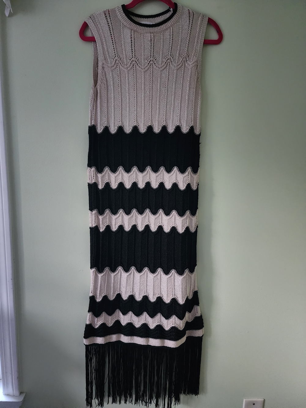 Mango Black & Cream Striped Knit Maxi Skirt with Fringe